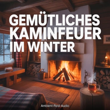 Gemütliches Kaminfeuer im Winter: Knisternde Holzscheite und Sanfter Schneesturm vor dem Fenster einer Berghütte